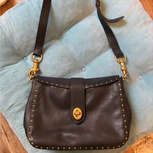 Elegant Coach Black Leather Shoulder Bag with Gold Floral Hardware B1881-31929